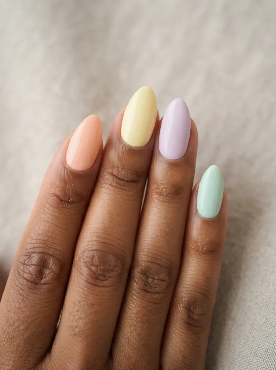 Close-up of almond nails in mixed pastel lilac mint peach shades