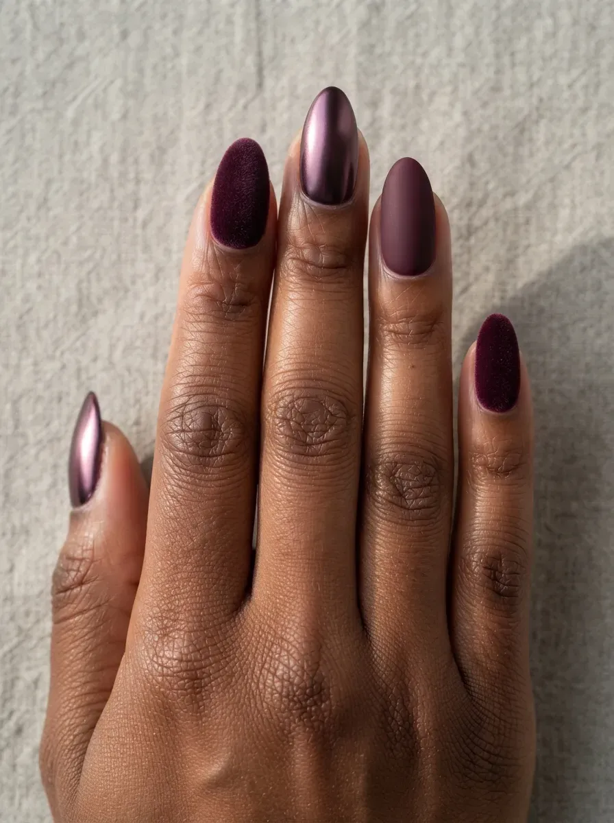 Close-up of almond nails in velvet chrome matte mixed textures