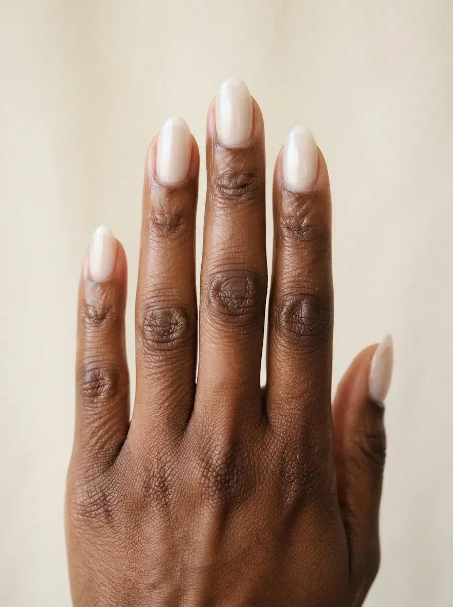Close up of almond nails with sheer ivory polish and soft pearl sheen