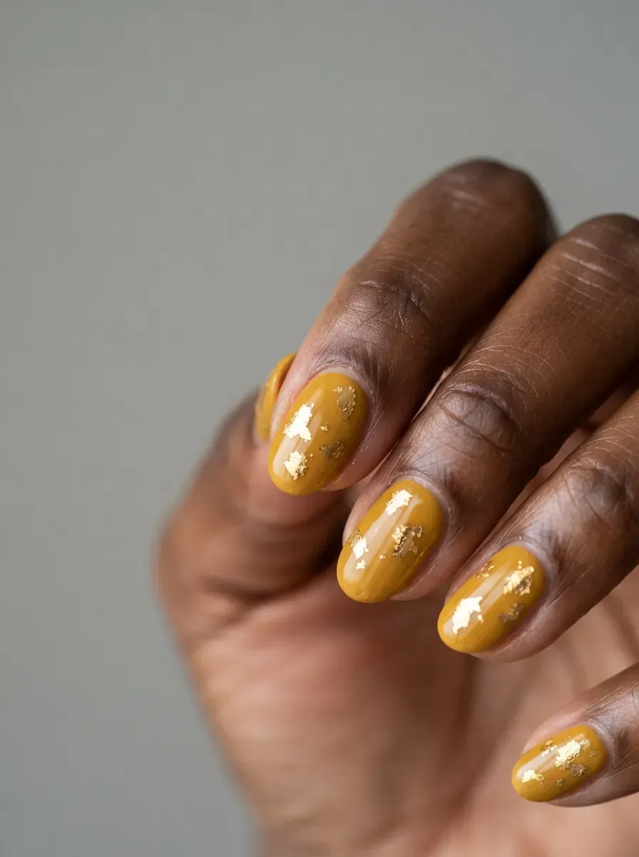 Close-up of short oval nails with mustard and gold foil accents on warm brown skin