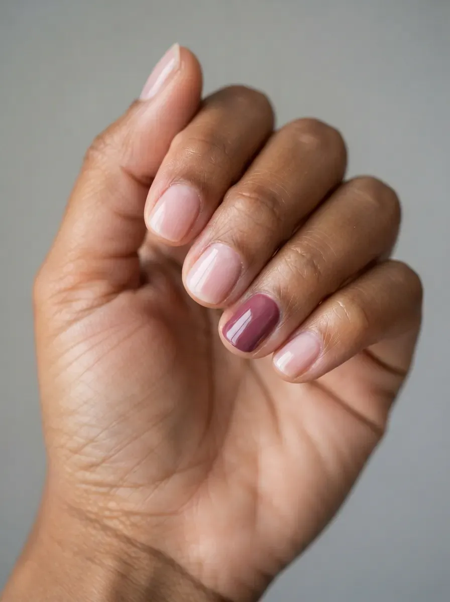 Close up of short sheer pink nails with one muted berry accent on warm brown skin