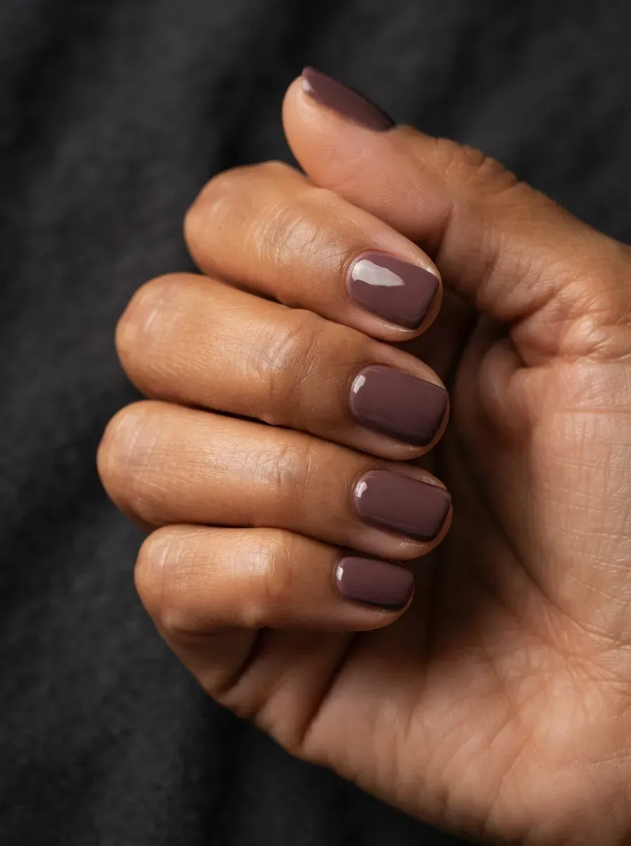 Close up of short squoval nails in muted plum polish with glossy finish