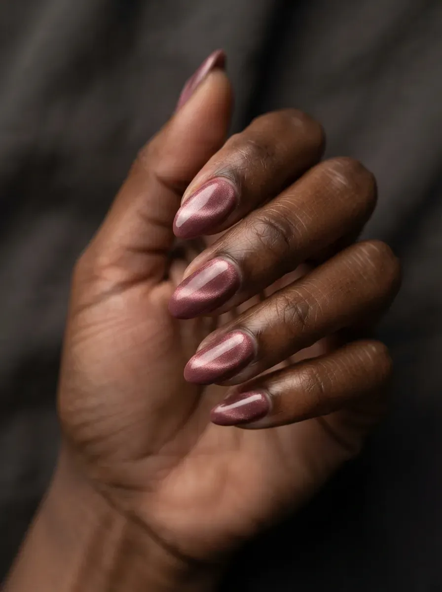 Close up of almond nails in muted rose cat eye polish with soft magnetic glow