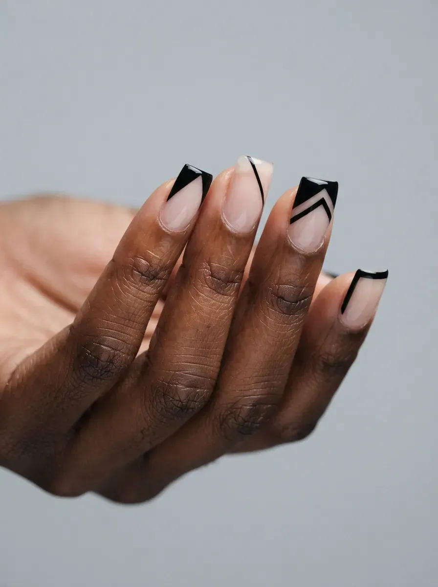 Close-up of square nails with clear base and black geometric negative space