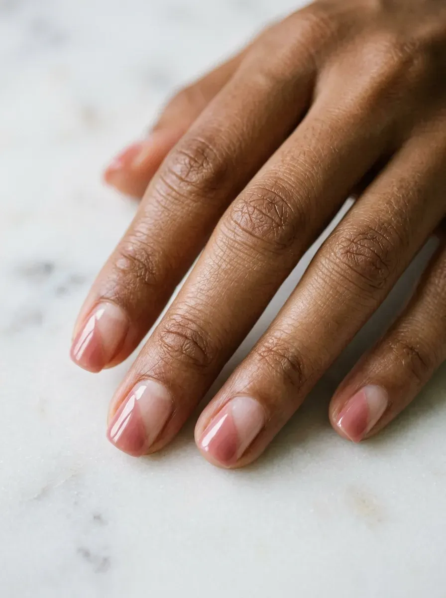 Short square nails split diagonally between sheer rose and bare nail