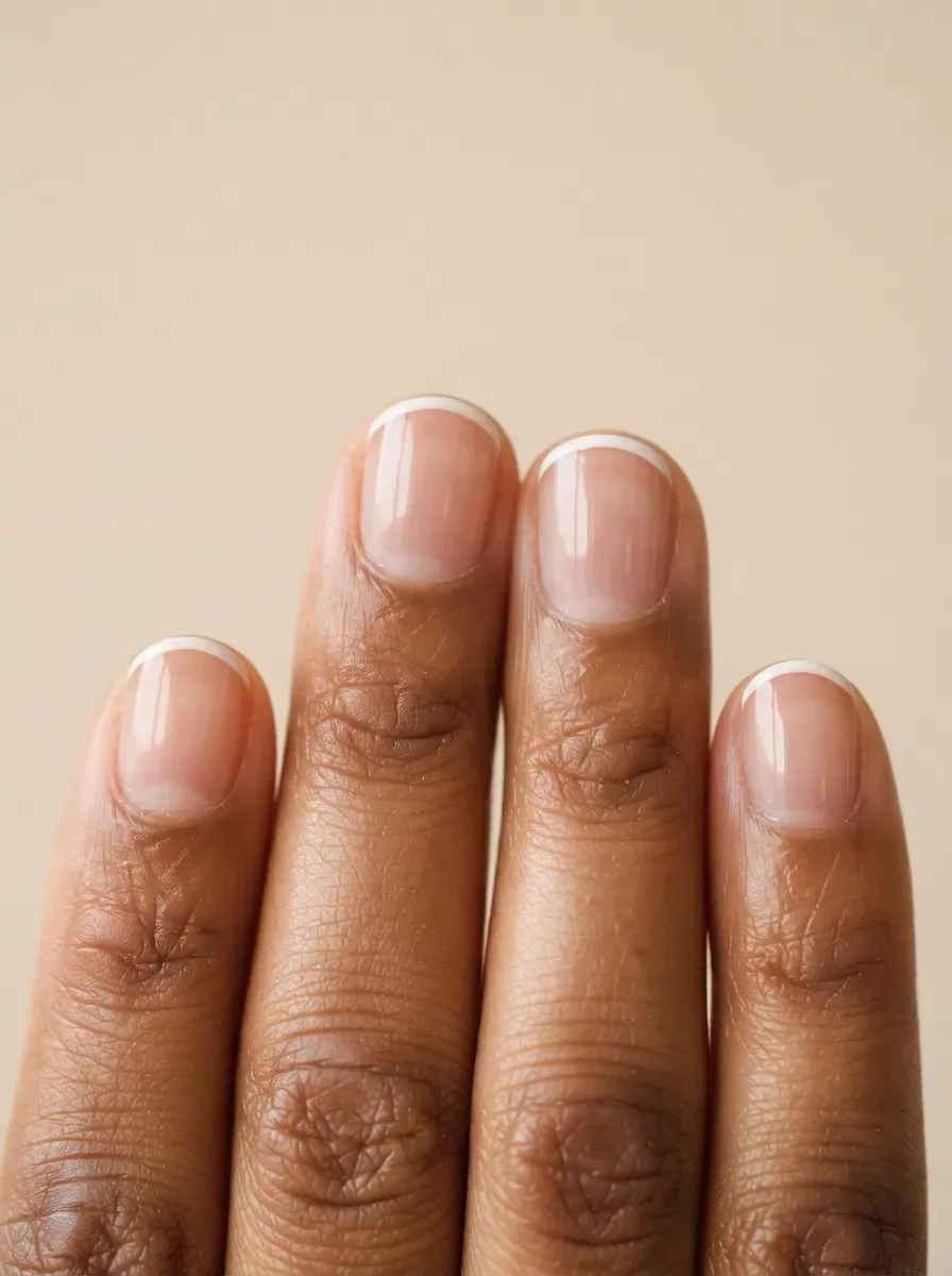 Close up of short nails with bare centers and micro french tips on warm chestnut skin