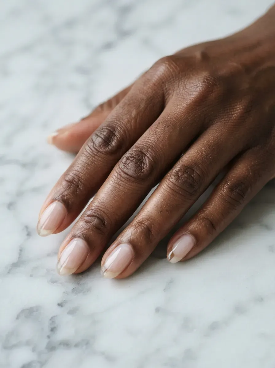 Close up of almond nails with clear sheer polish and bare negative space panels