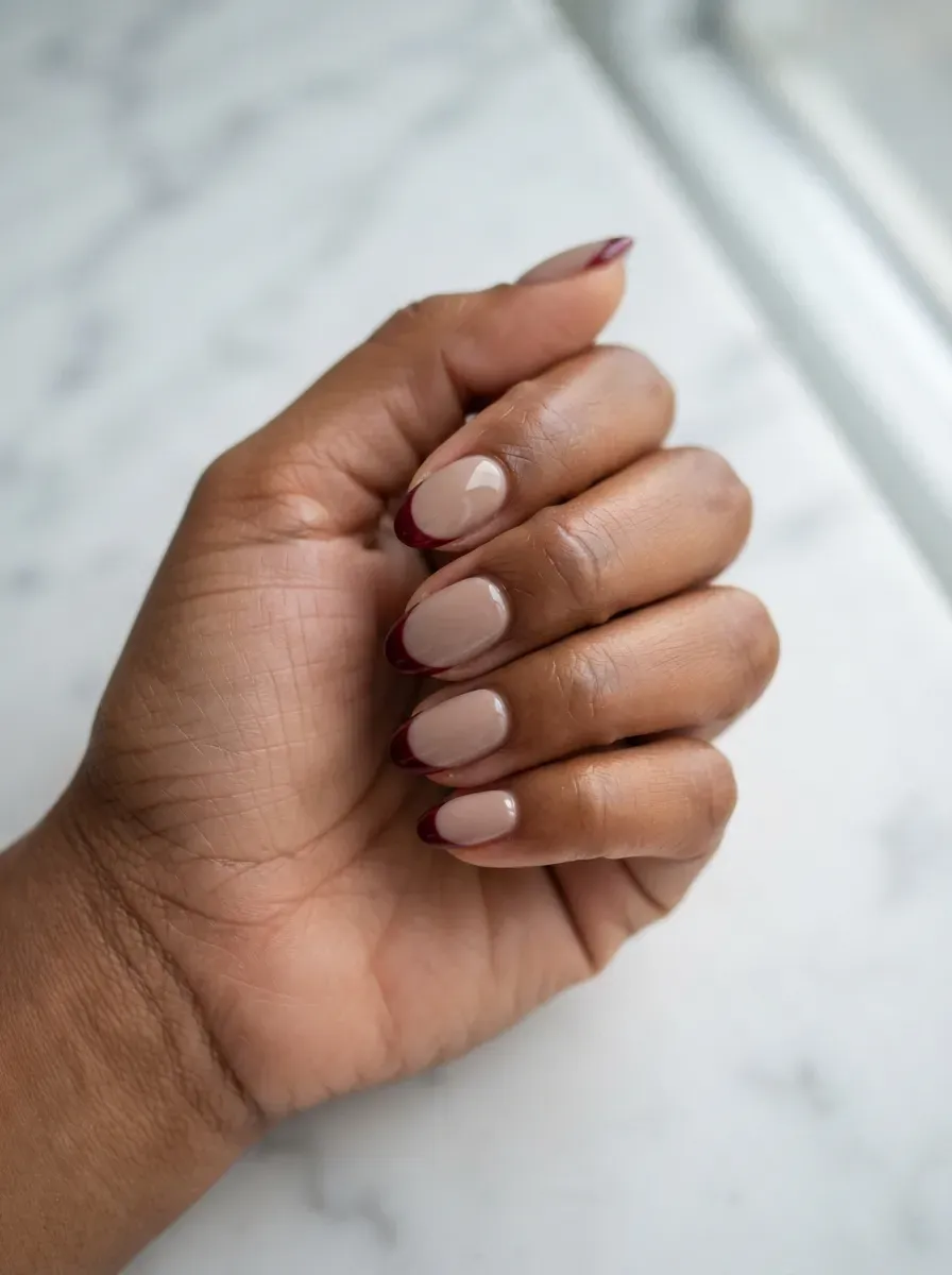 Close-up of short almond nails with taupe bases and burgundy tips on brown skin