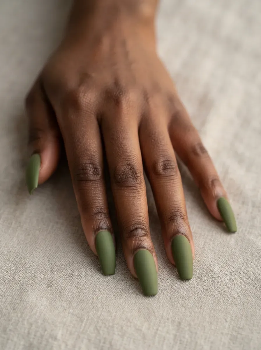 Close-up of long coffin nails in matte olive green polish on deep chestnut skin