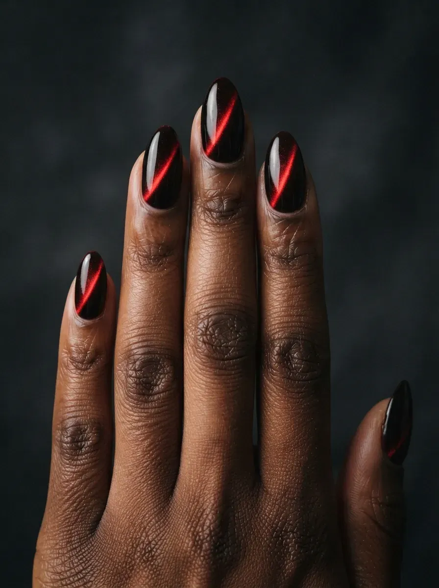 Almond nails with oxblood cat-eye polish over black base on rich dark skin