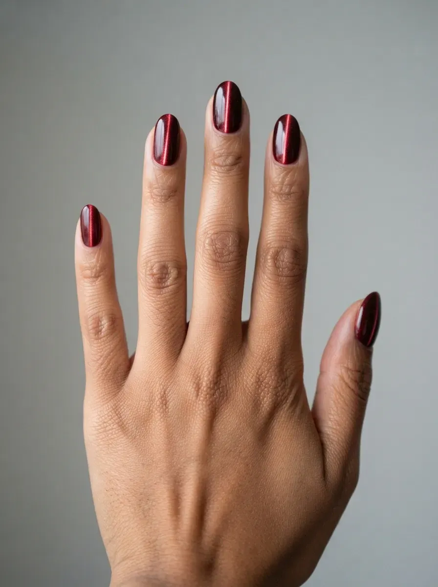 Close-up of oval nails with oxblood cat-eye polish and center stripe on warm brown skin