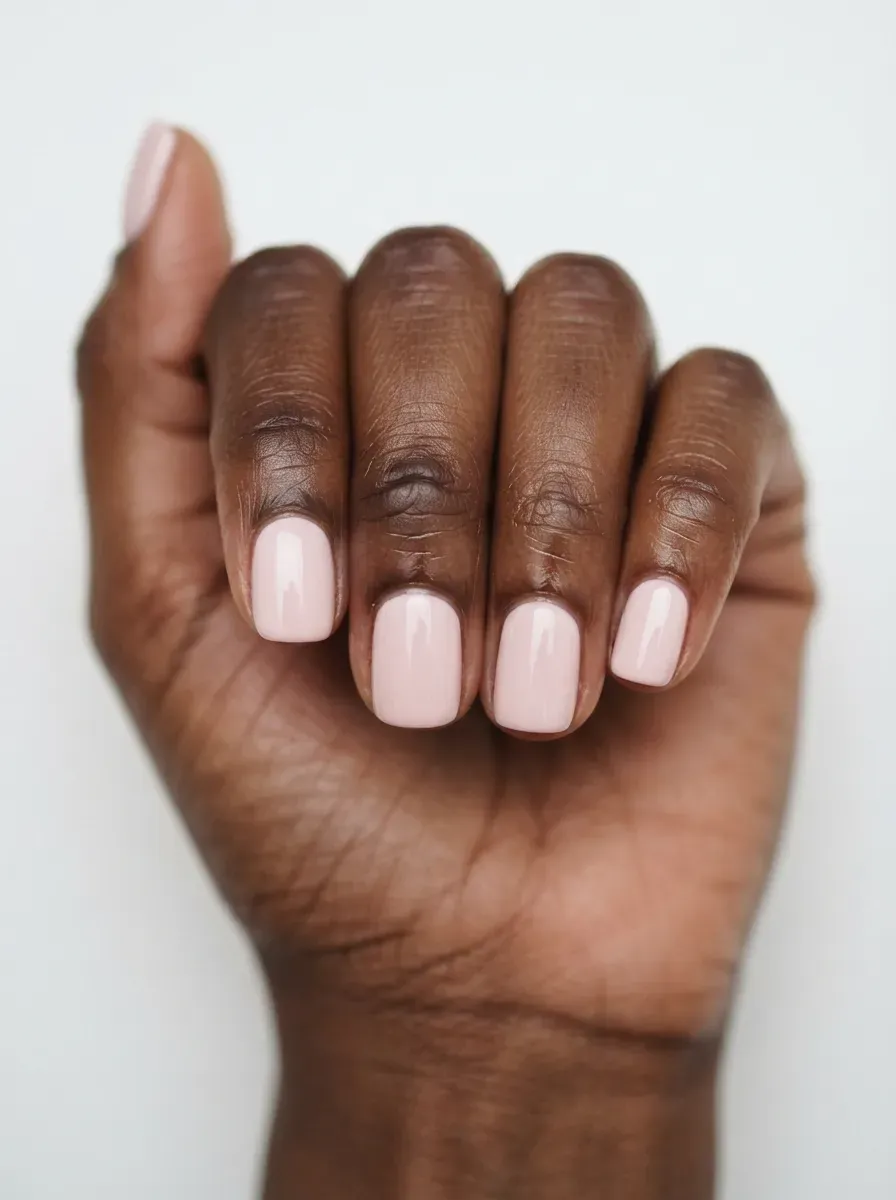 Close up of short squoval nails with pale blush glossy polish on deep brown skin