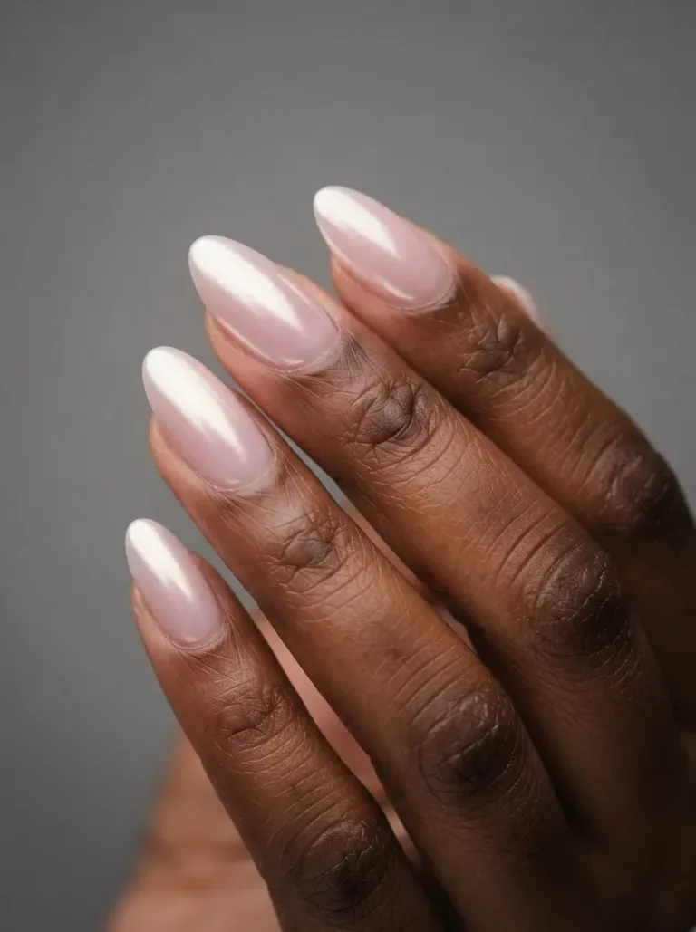 Close up of almond nails with sheer pink polish and luminous pearl chrome glow