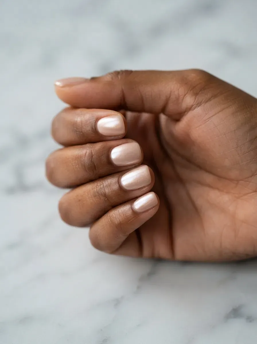 Close up of short nude nails with a faint pearl chrome sheen on rich brown skin