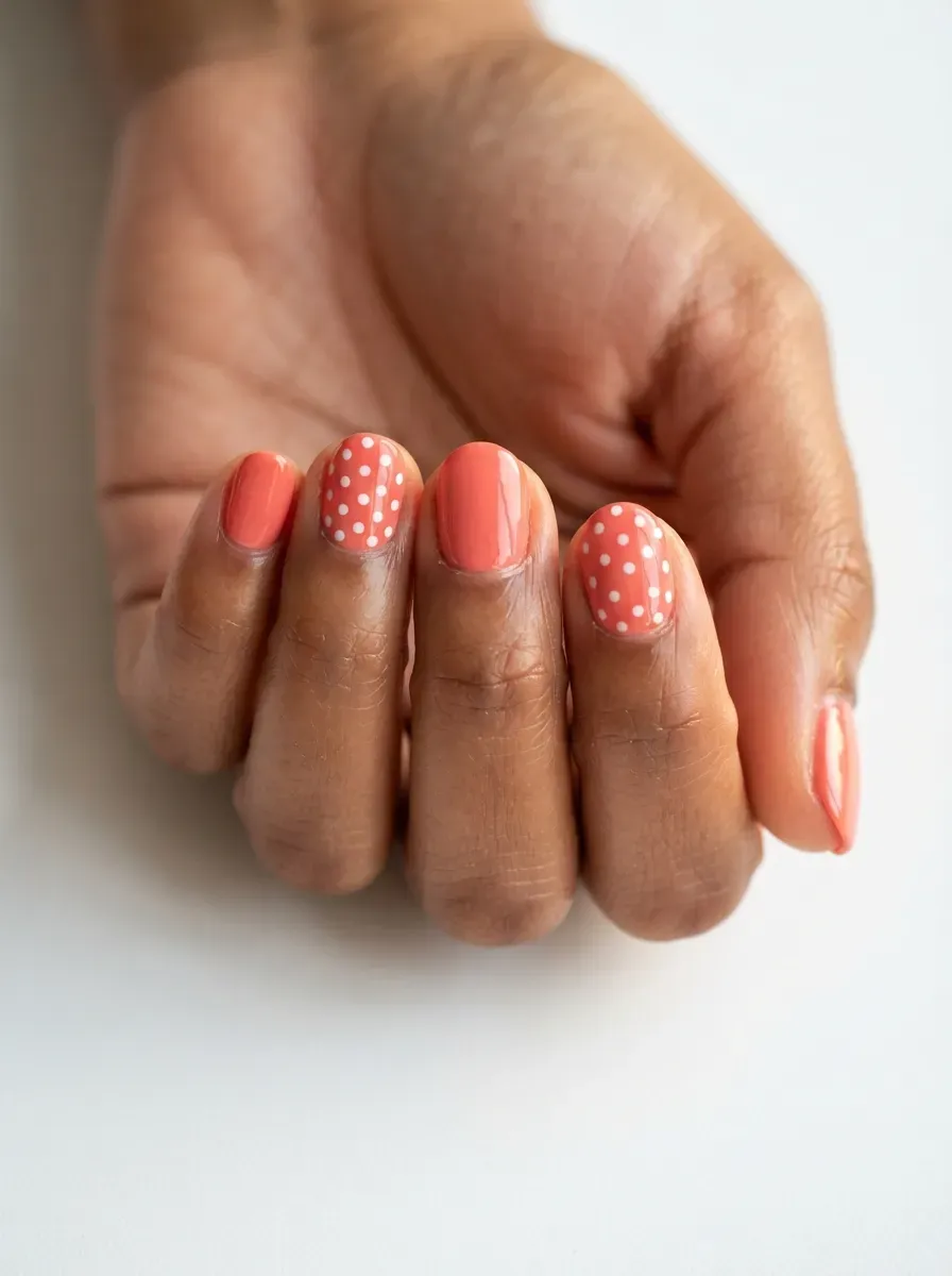 Close-up of round nails in coral with white polka dot accent nails