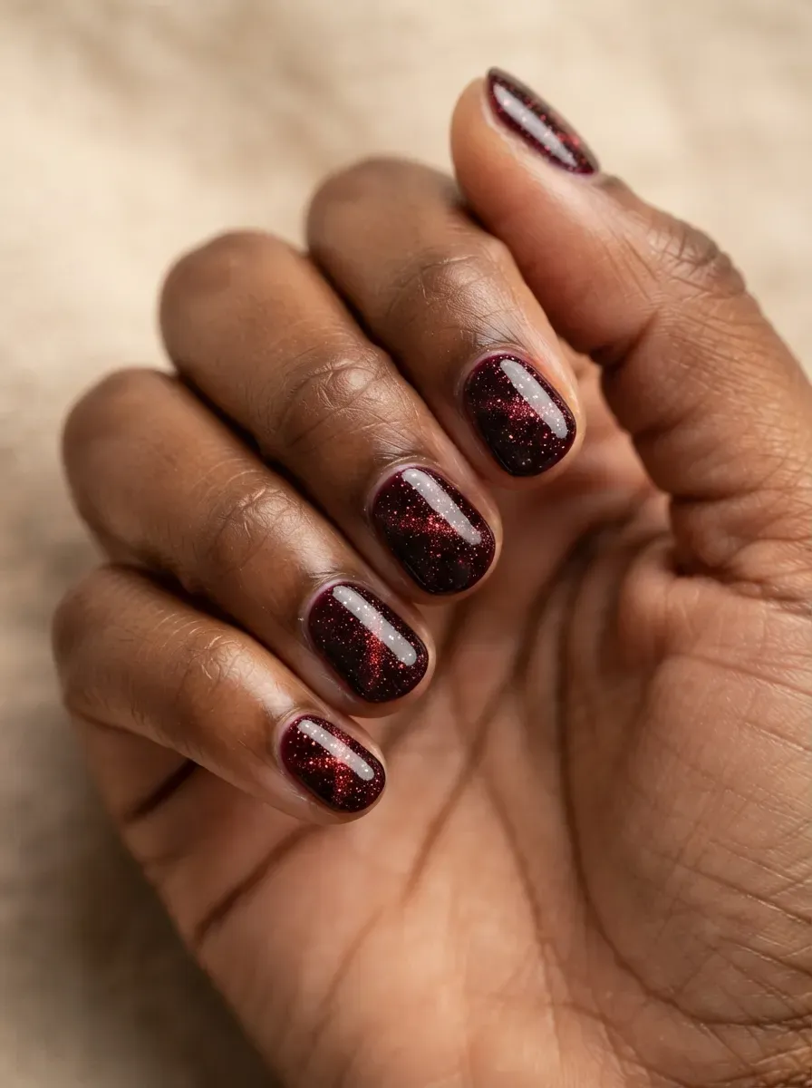 Short round nails with cranberry cat-eye polish and glowing dot pattern on deep brown skin