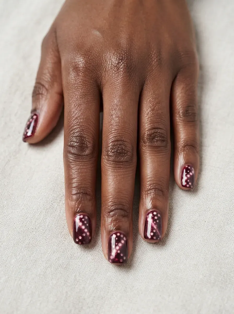 Short squoval nails with plum-red cat-eye polish and glowing polka dots on deep chestnut skin