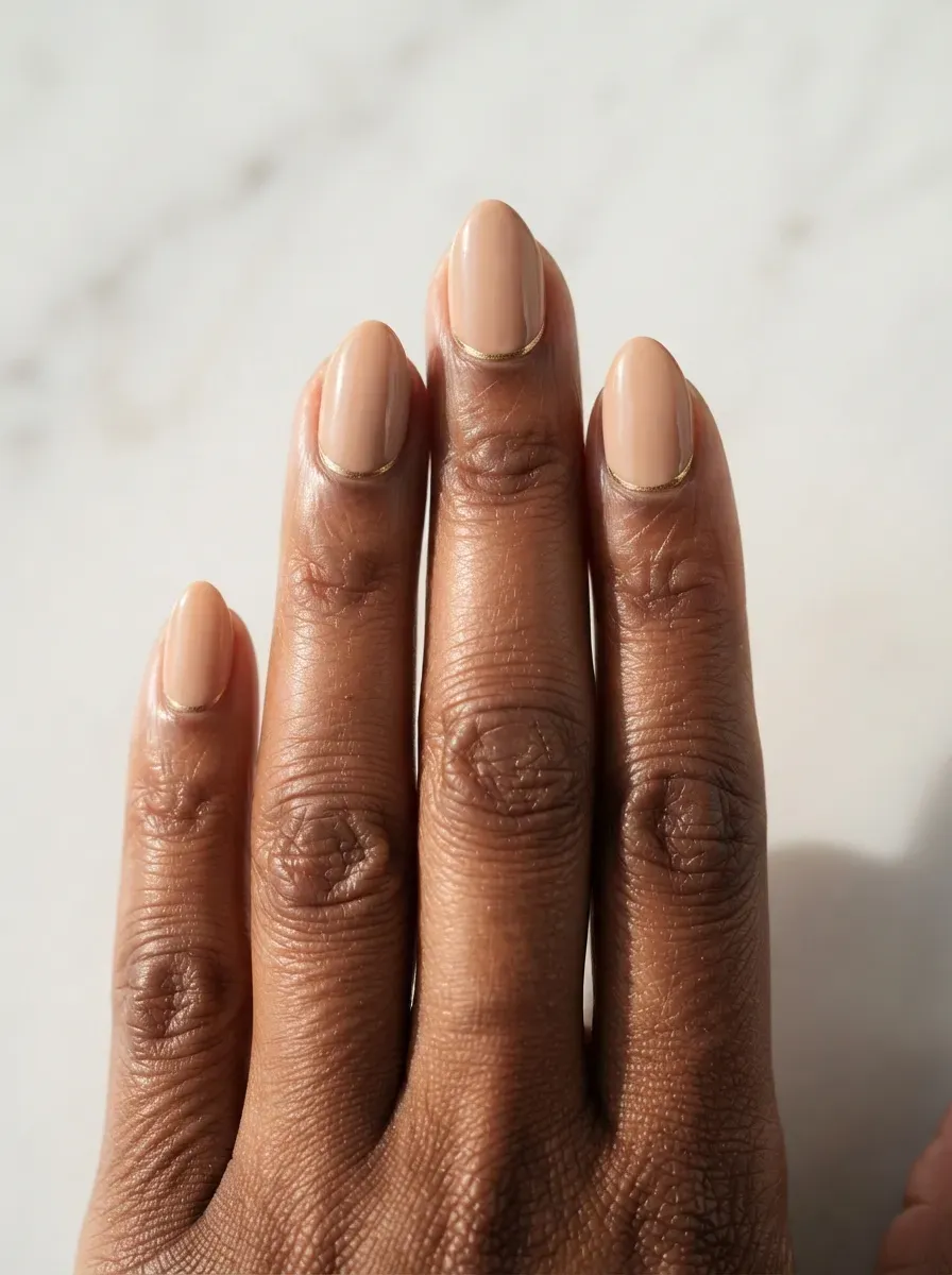 Close up of almond nails with nude polish and fine gold line along the cuticle