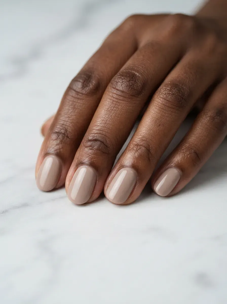 Close up of short oval nails with smooth neutral beige polish on rich brown skin
