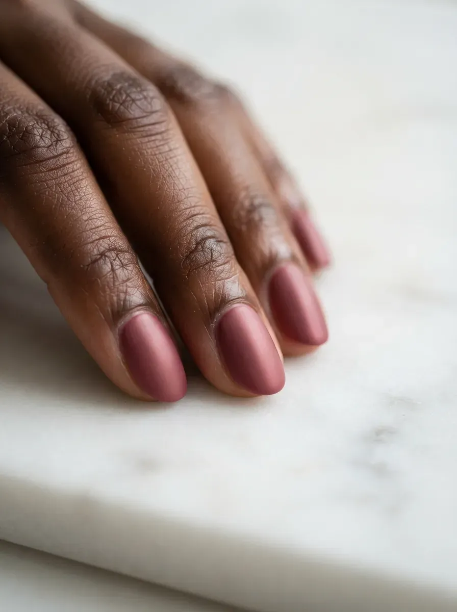Close up of short oval nails with rosewood satin finish polish on rich dark skin