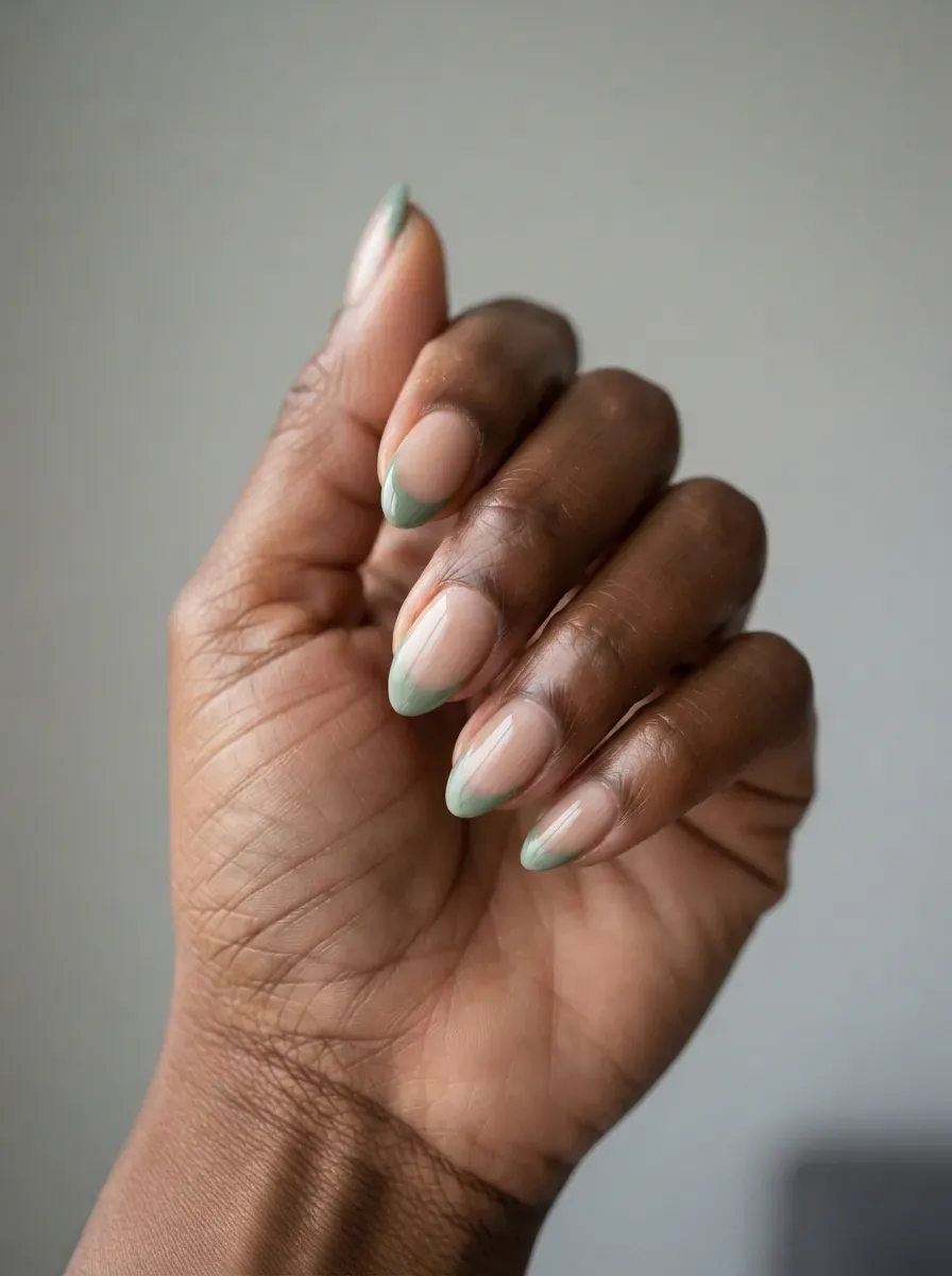 Close up of almond nails with sheer nude base and muted sage green French tips