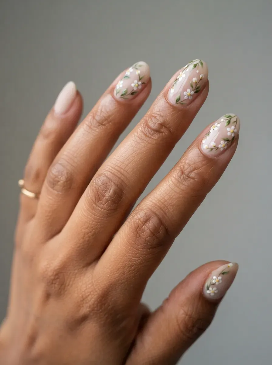 Close-up of oval nails with same floral design in matte and gloss