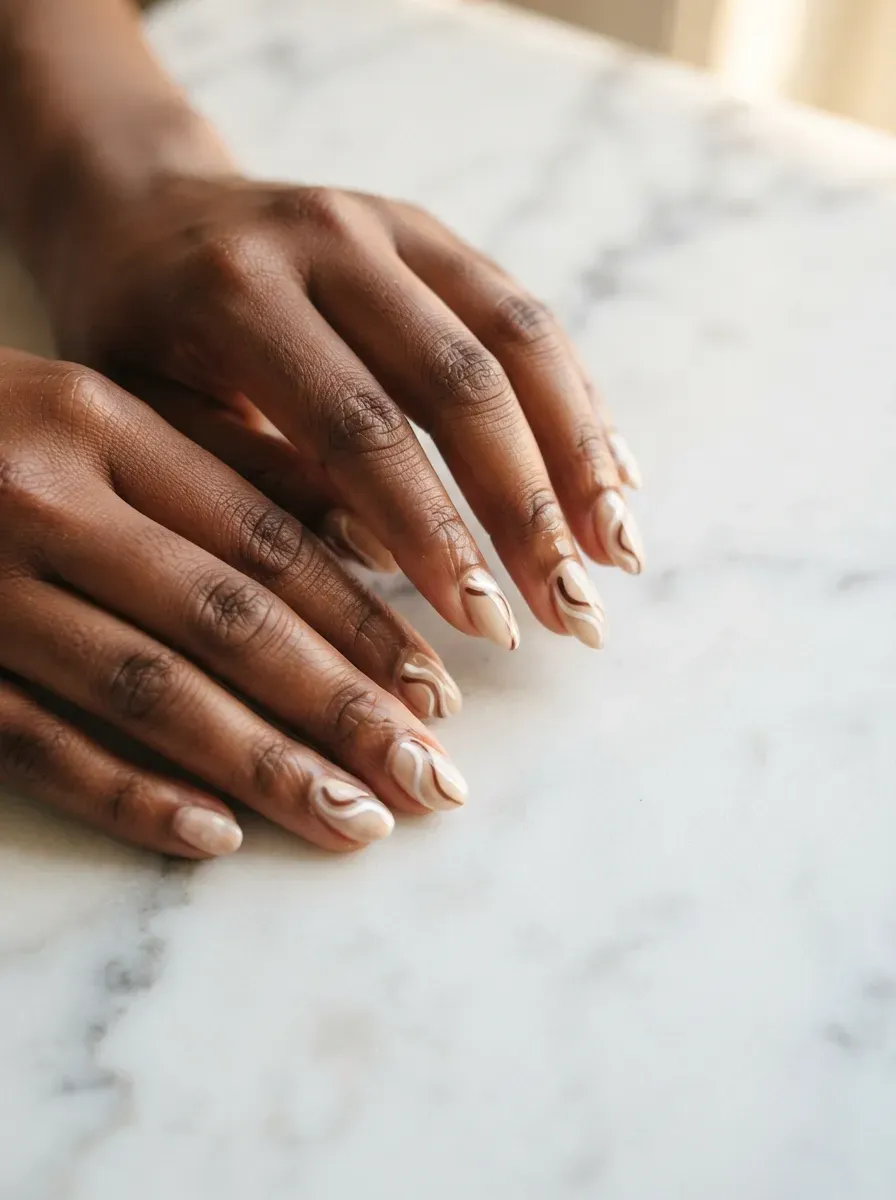 Close-up of short and long nails with same beige swirl design