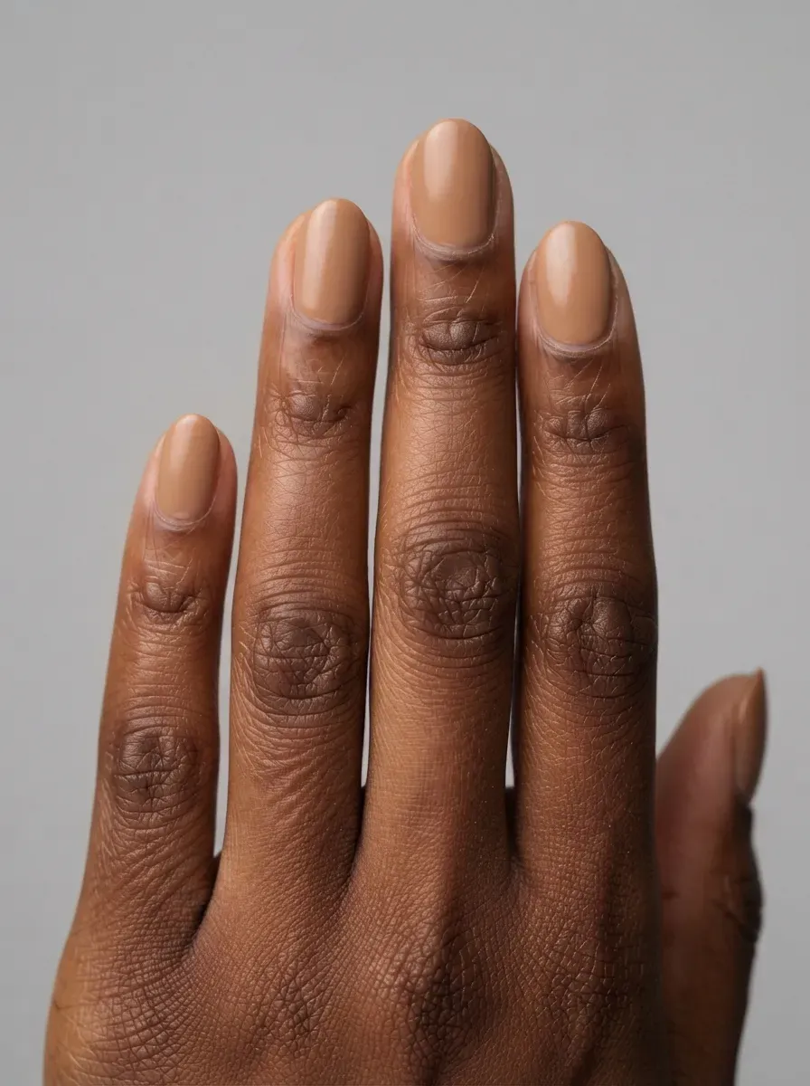 Close up of short oval nails with satin finish nude polish on deep brown skin