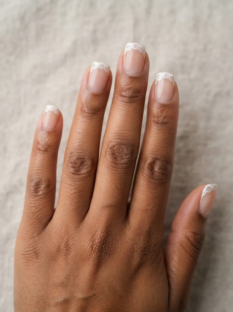 Close-up of squoval nails with scalloped white lace tips on brown skin with warm undertones