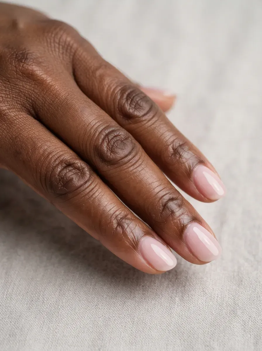 Close up of short almond nails in sheer ballet pink polish with high gloss shine