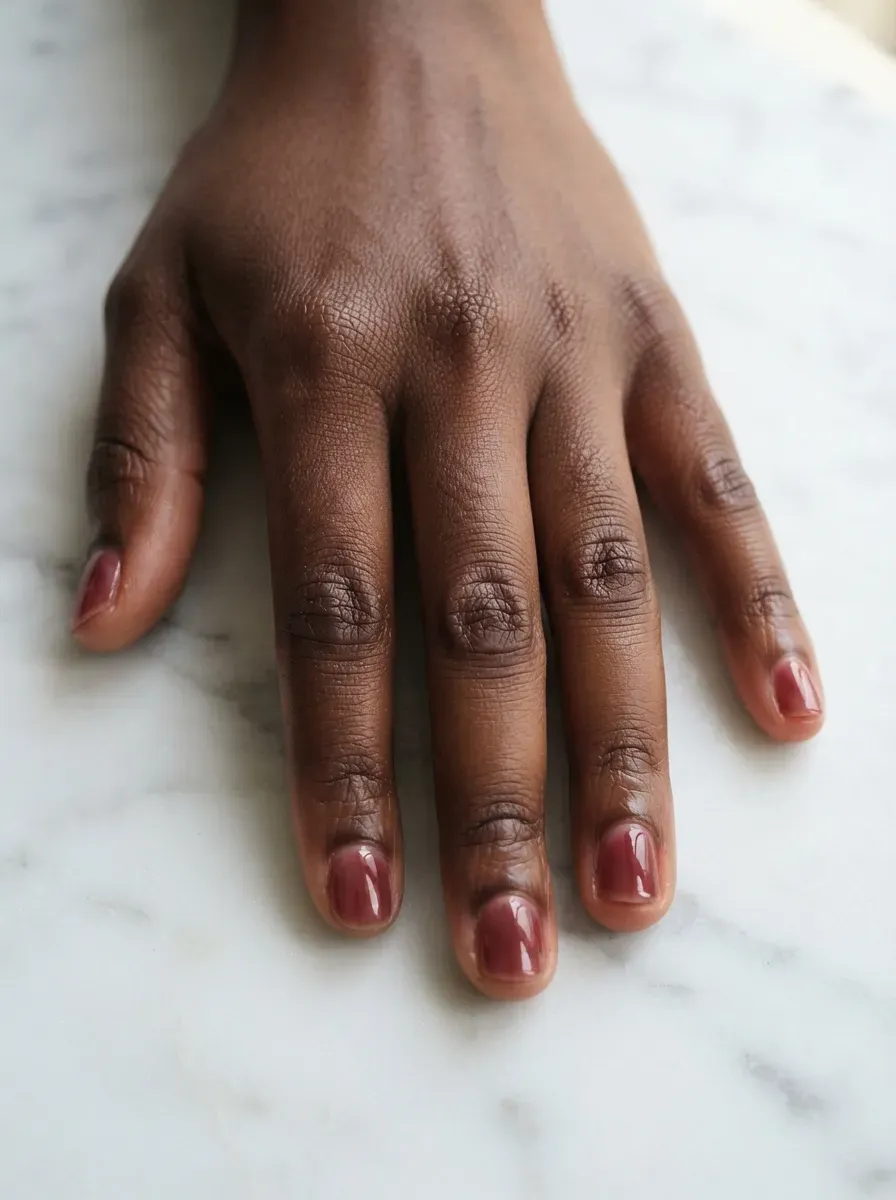 Close up of very short nails with a sheer berry stain tint on rich brown skin