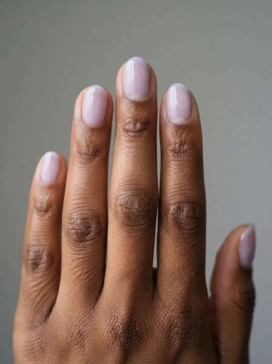 Close up of short oval nails with a sheer lilac wash on rich brown skin
