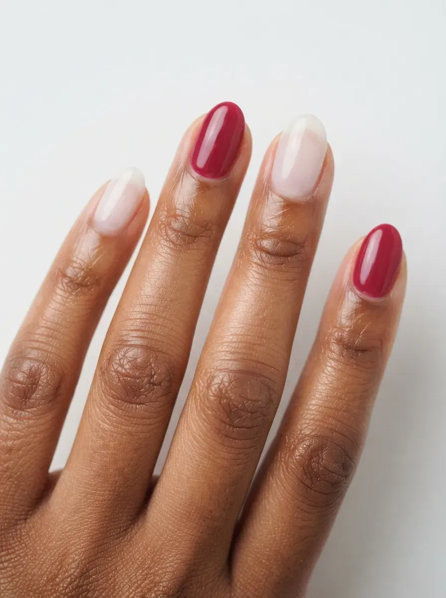 Close-up of oval nails alternating sheer milky and opaque berry polish