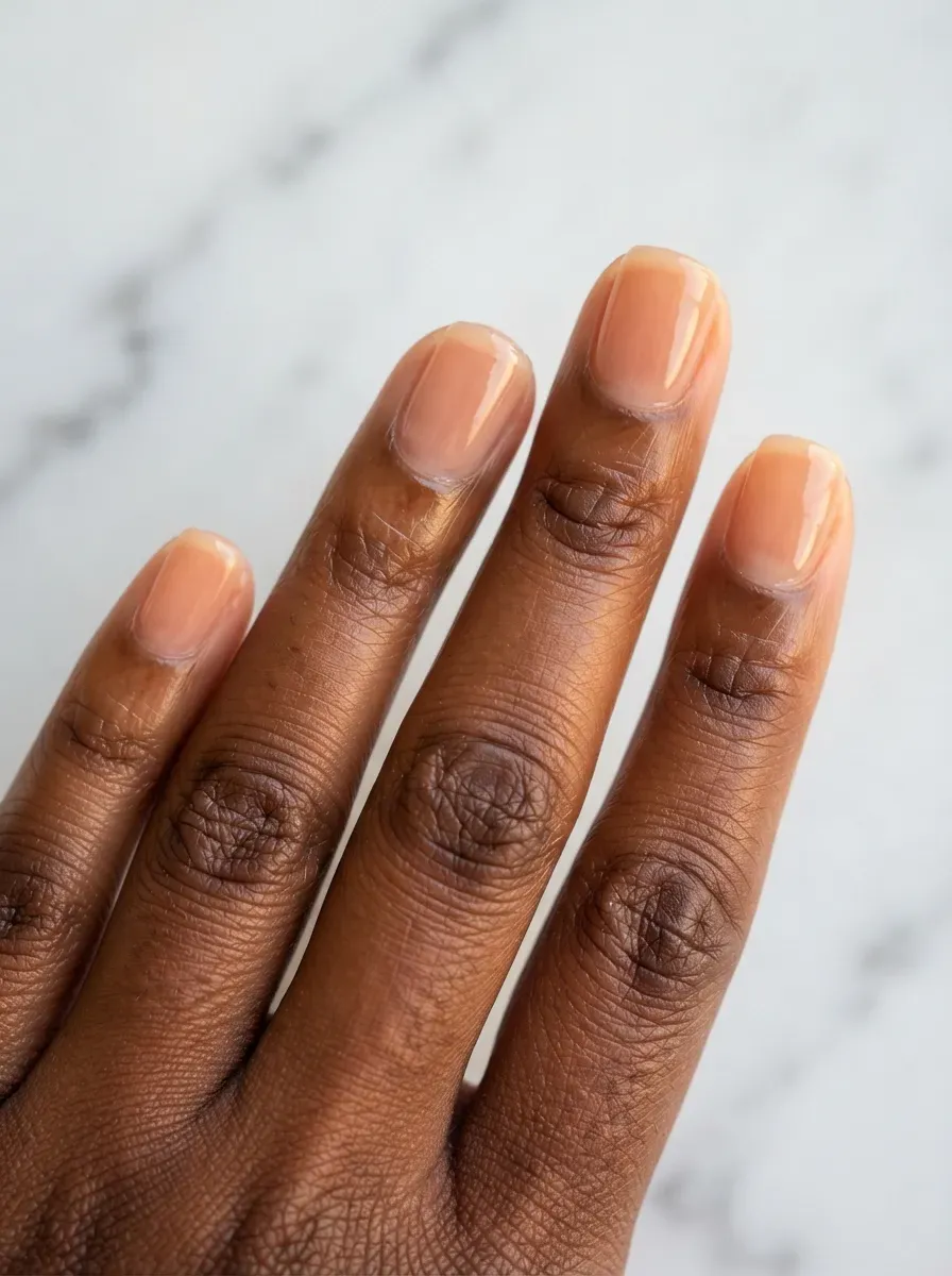 Close up of short squoval nails with a sheer peach tint on rich brown skin