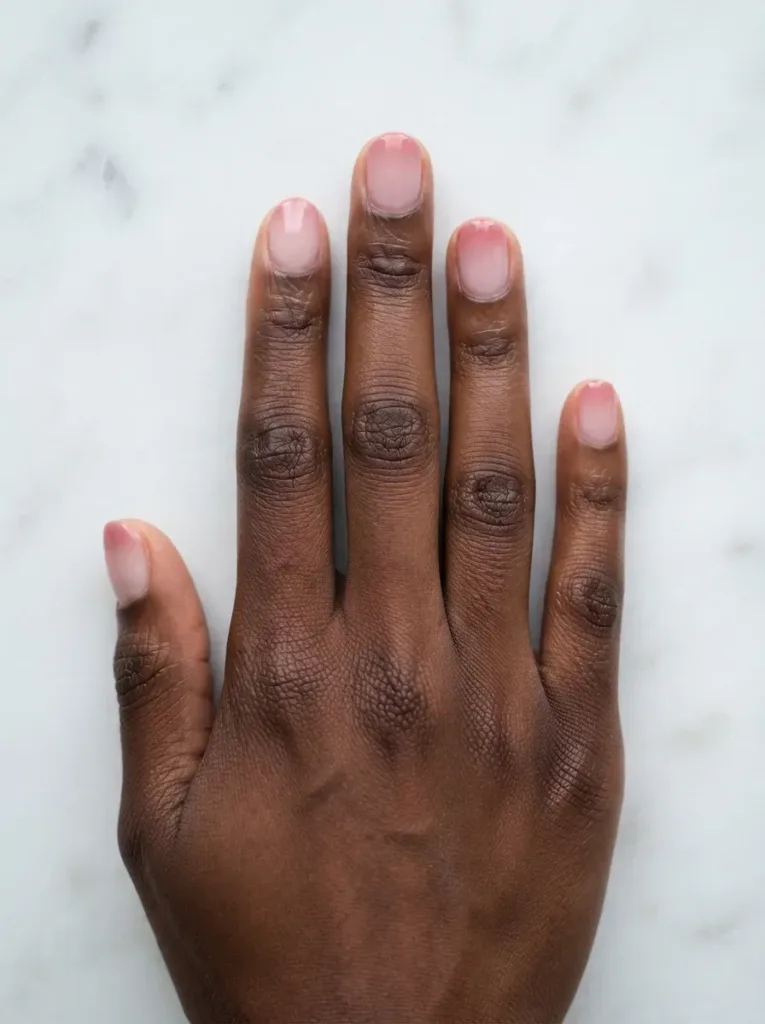 Close-up of short round nails with sheer pink fade tips on rich dark skin tone