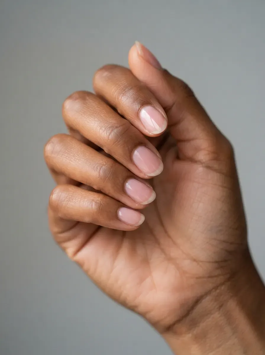 Close up of short oval nails with a sheer pink wash on warm brown skin