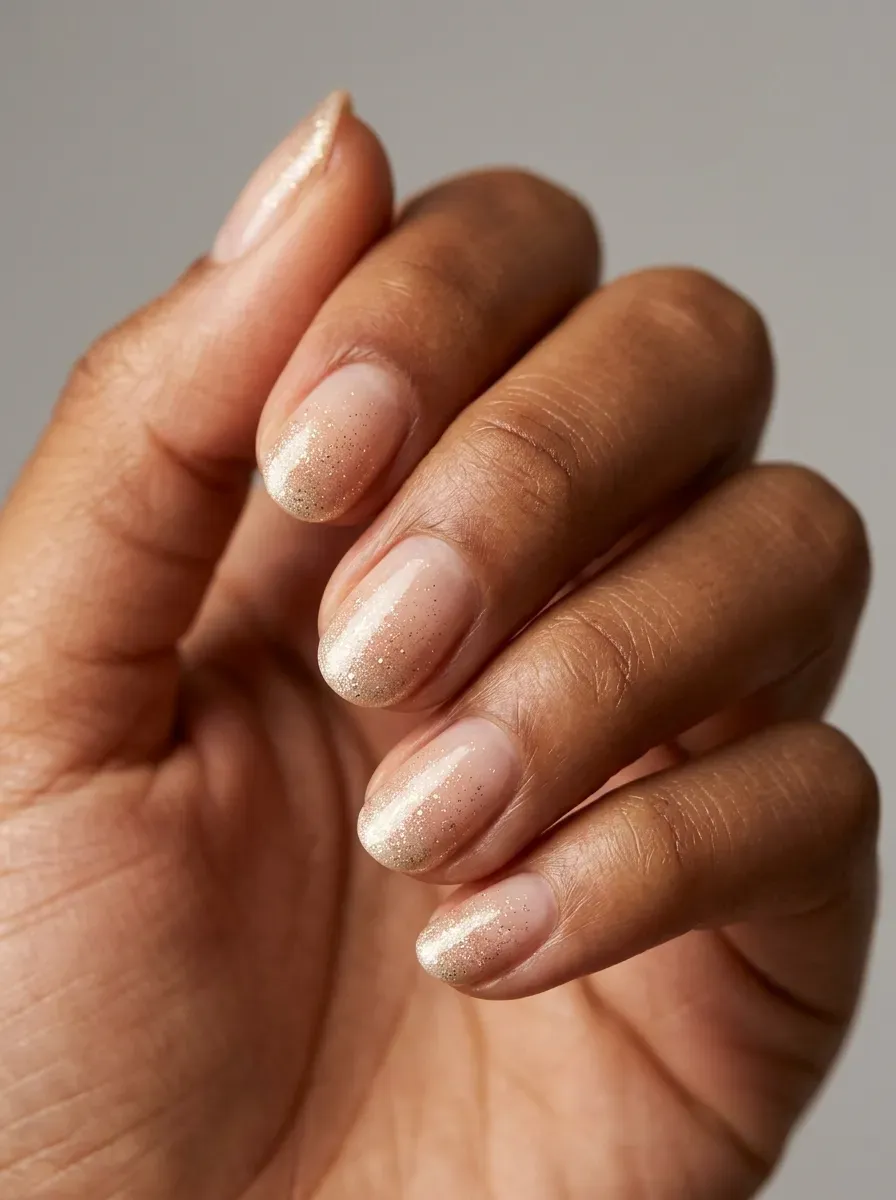 Short oval nails with pale champagne shimmer fading from tip to base