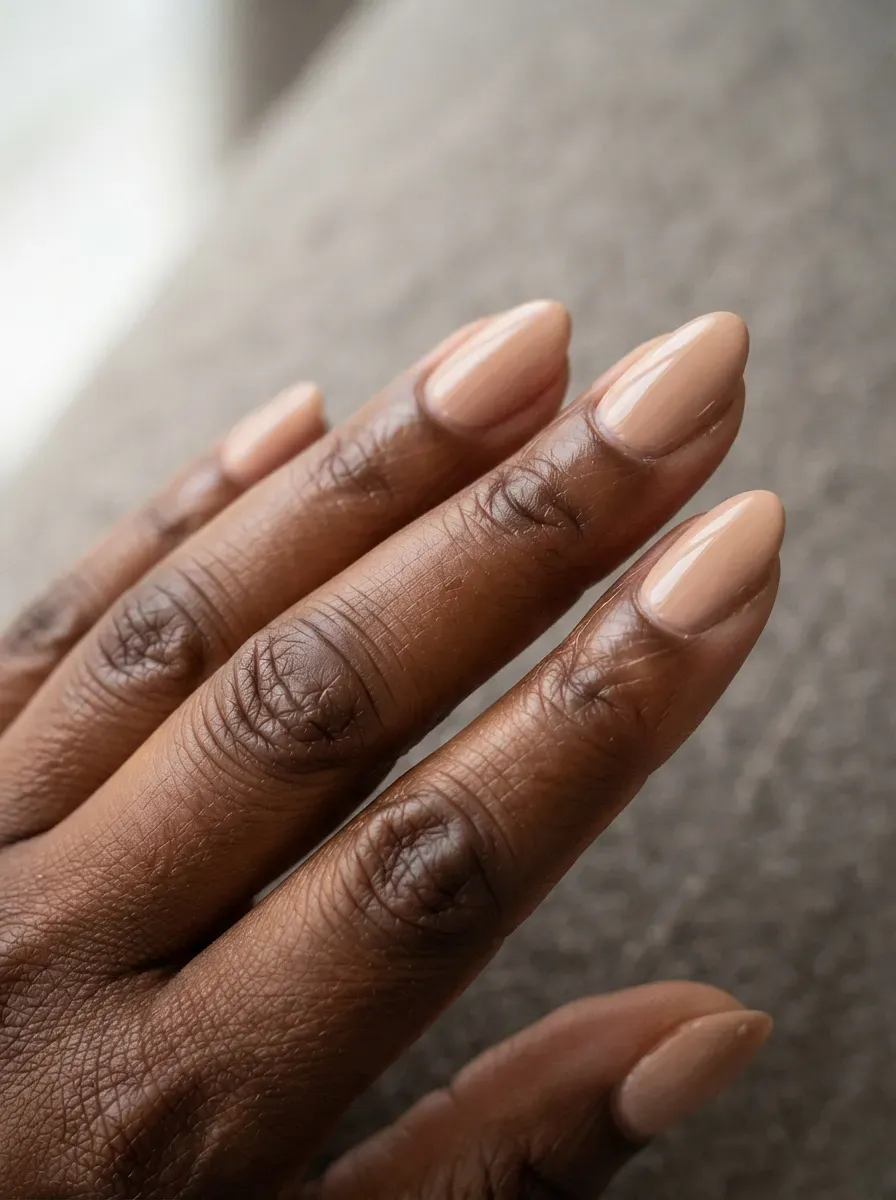Close up of short almond nails in warm nude polish with glossy cream finish