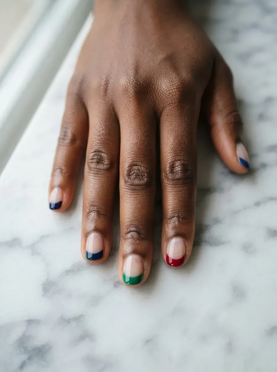Close-up of short nails with bold colored tips in mixed shades