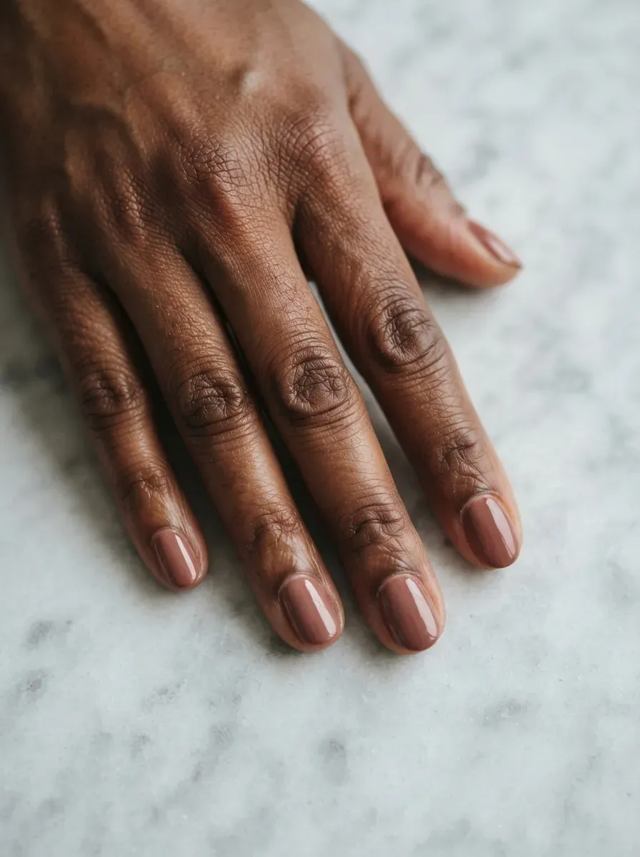 Close up of short oval nails in rosy brown polish with glossy cream finish