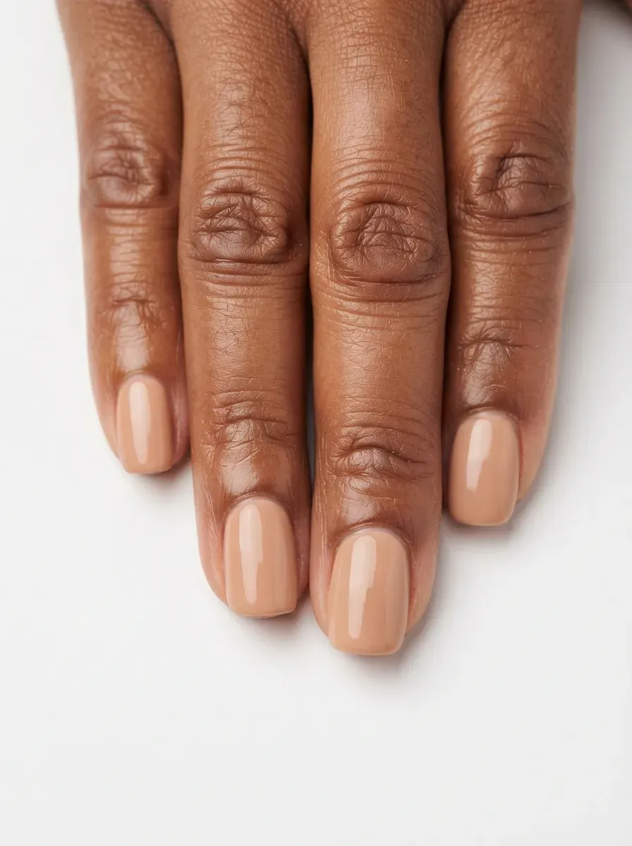 Close up of short squoval nails in warm nude polish with mirror like gloss