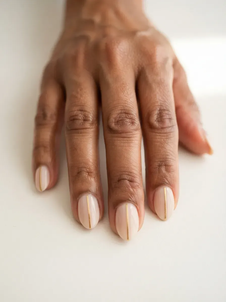 Close up of almond nails in milky nude polish with one thin vertical gold line