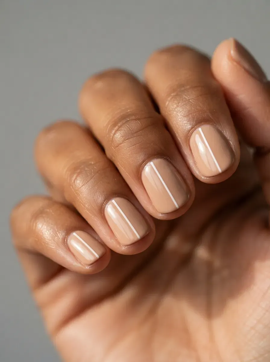 Close up of short nude nails with one fine white line on warm brown skin