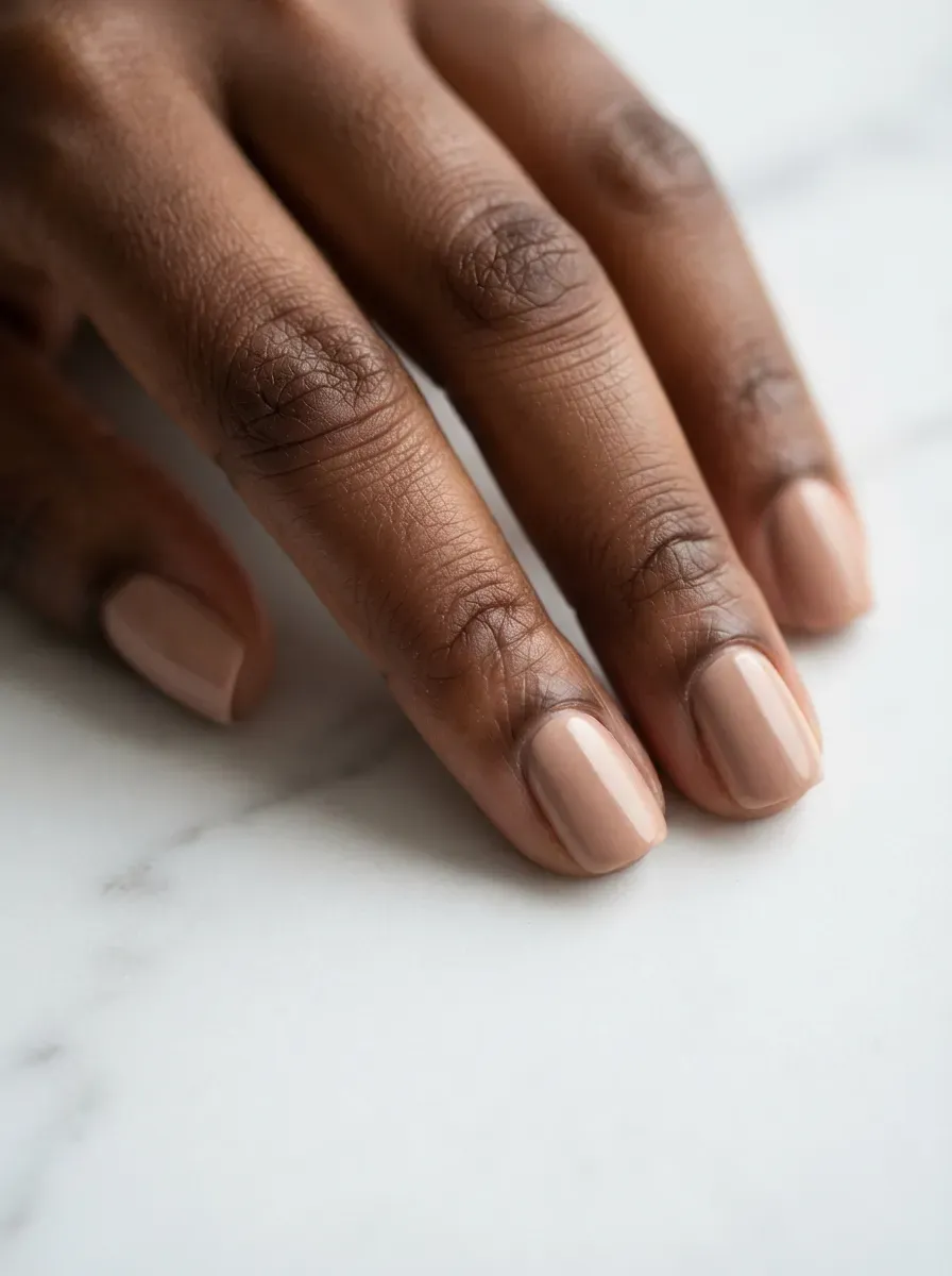 Close up of short squoval nails with skin-matched nude polish on deep chestnut skin