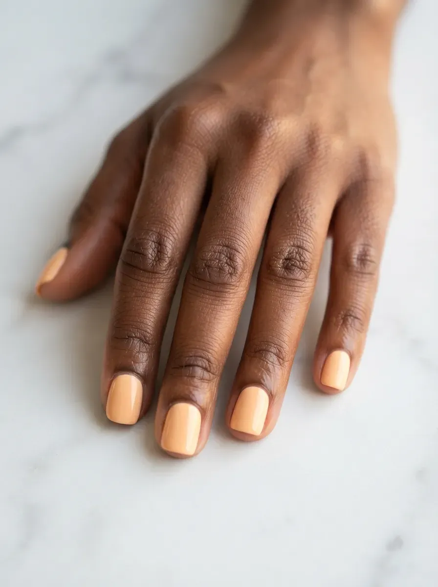 Close up of short squoval nails with soft apricot cream polish on deep chestnut skin
