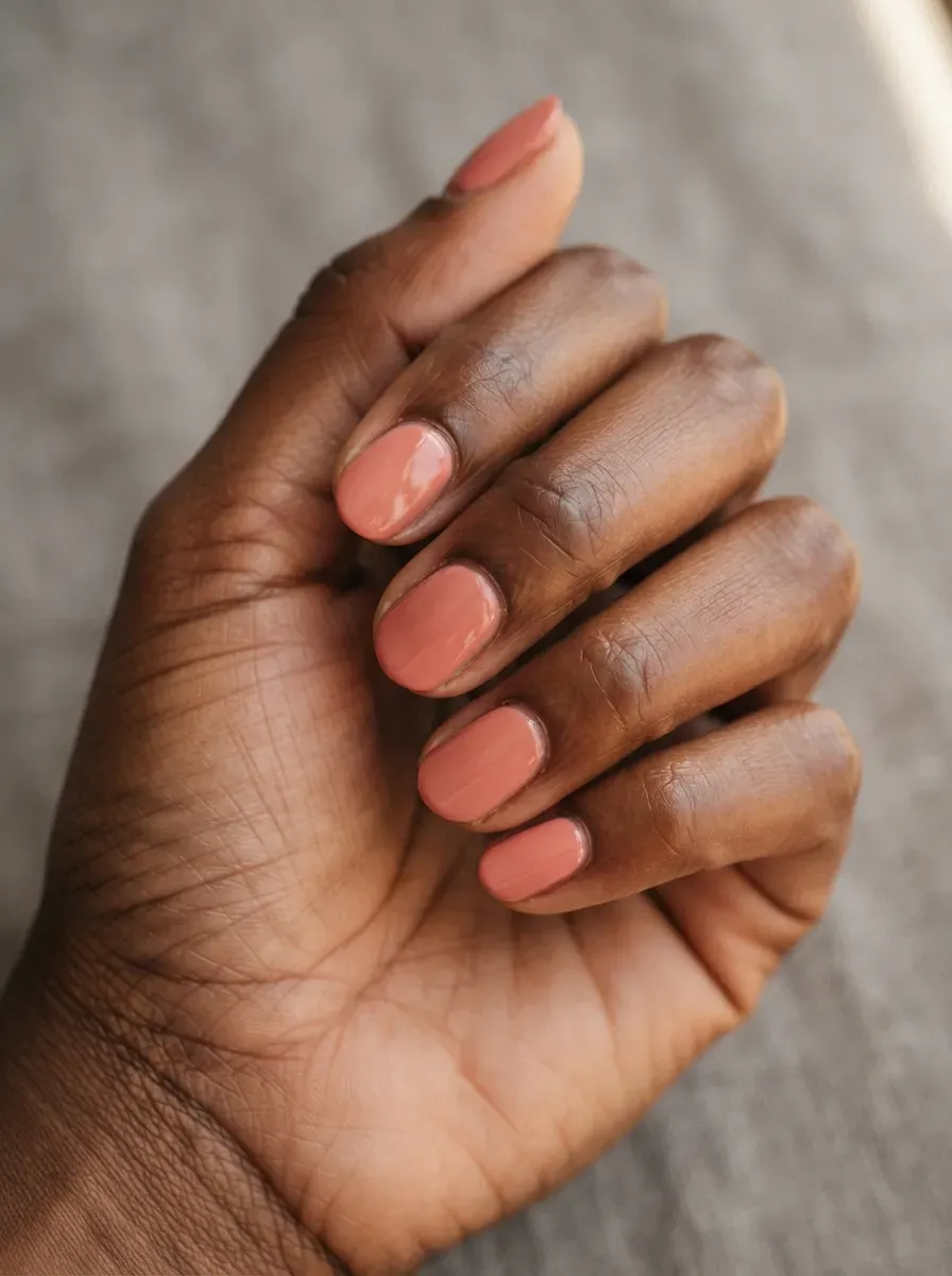 Close up of short almond nails with soft coral pink polish on deep brown skin