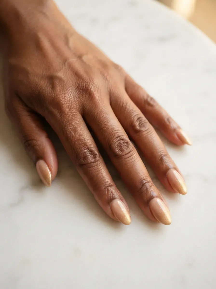 Close up of almond nails with nude base fading into soft gold shimmer tips