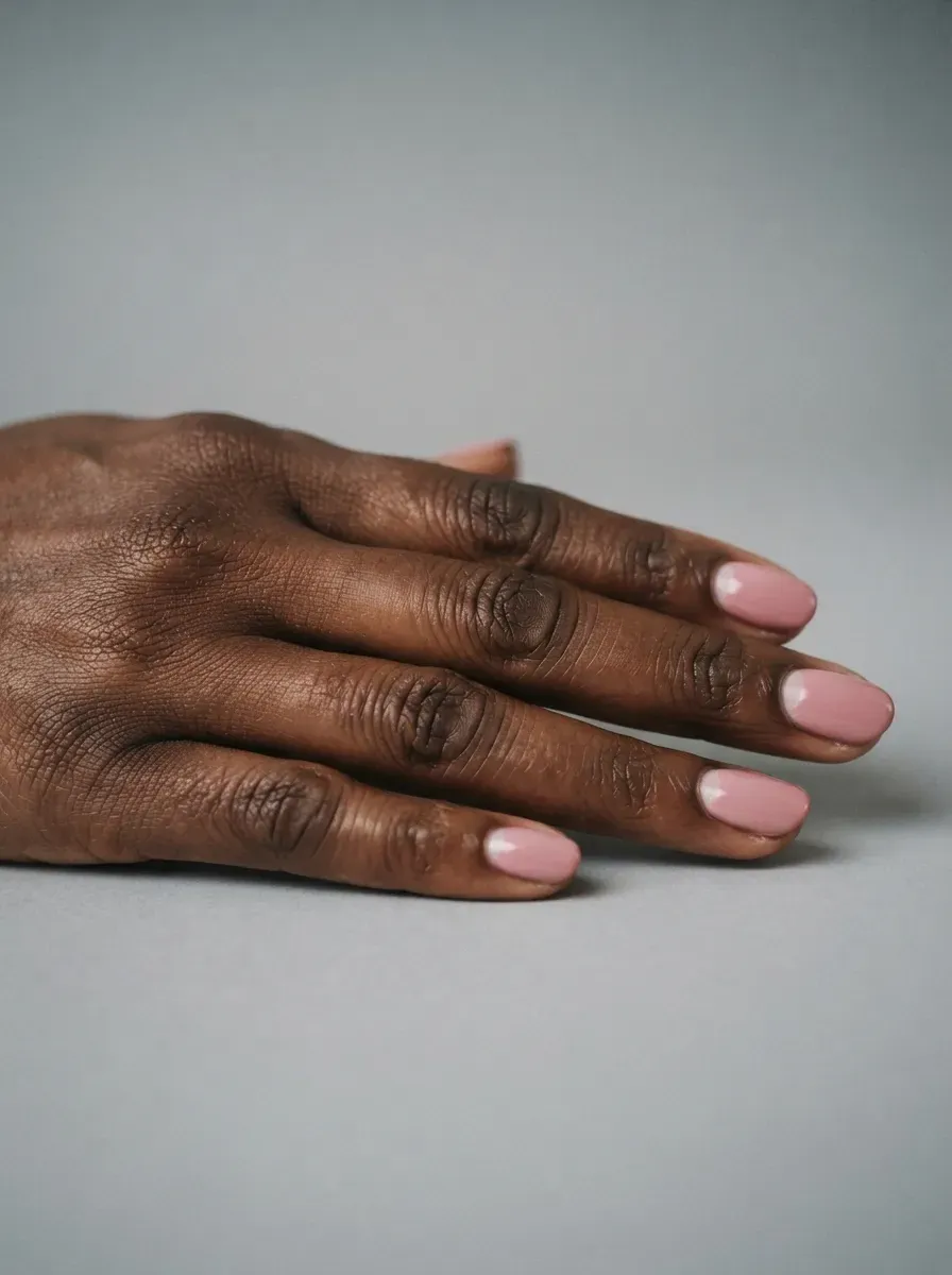 Close up of short oval nails in dusty pink with pale half moons at the base