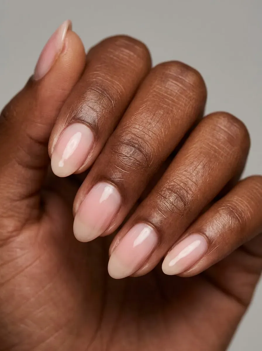 Short almond nails fading from blush pink at base to bare tips