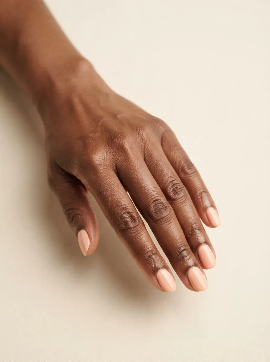 Close up of short oval nails in soft peach cream polish with smooth glossy finish